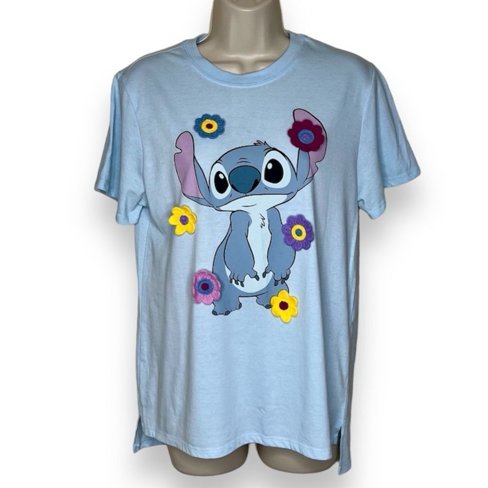 Disney Stitch 3D Crochet Flowers Light Blue T Shirt Short Sleeve Women Small
